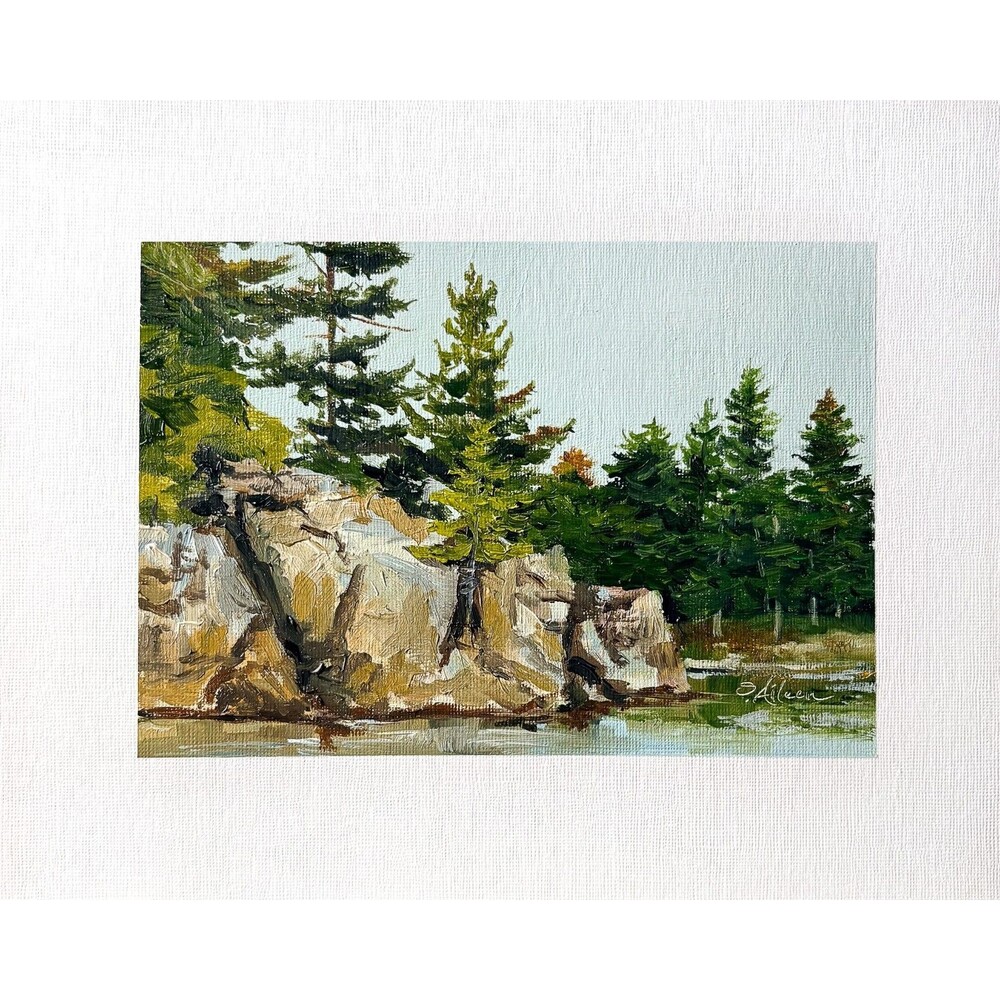 8x10 Maine Original Oil Landscape Painting Rocky Coastline Pine Tree Art Signed